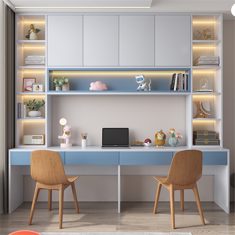 双人书桌藤印象学生家用书架书柜一体靠墙现代简约电脑桌卧室儿童学习
