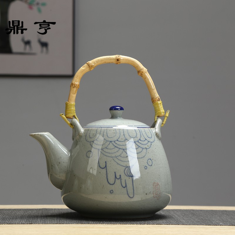 鼎亨大号泡茶壶手绘陶瓷复古青花提壶1000毫升壶餐厅饭店茶壶