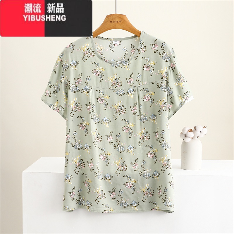 YIBUSHENG季棉绸短袖上衣女薄款宽松大码妈妈人造棉圆领T恤衫中老年装高清大图