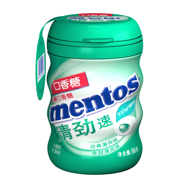 曼妥思透爽夹心无糖口香糖经典薄荷味56g瓶