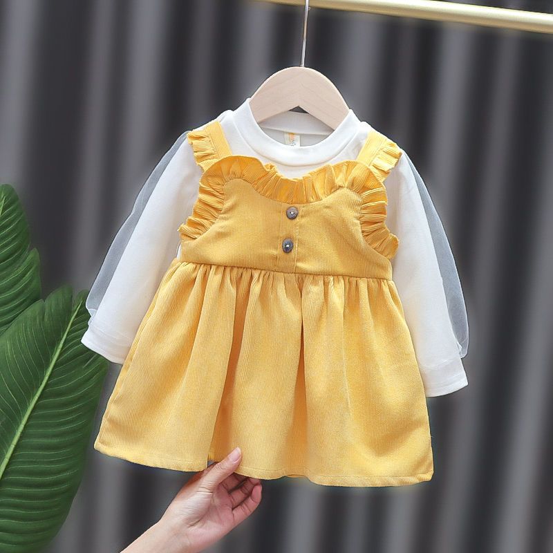 2021春秋新款女宝宝韩版洋气泡泡袖婴幼儿假两件连衣裙中长款裙子 NN春悦 粉色 73