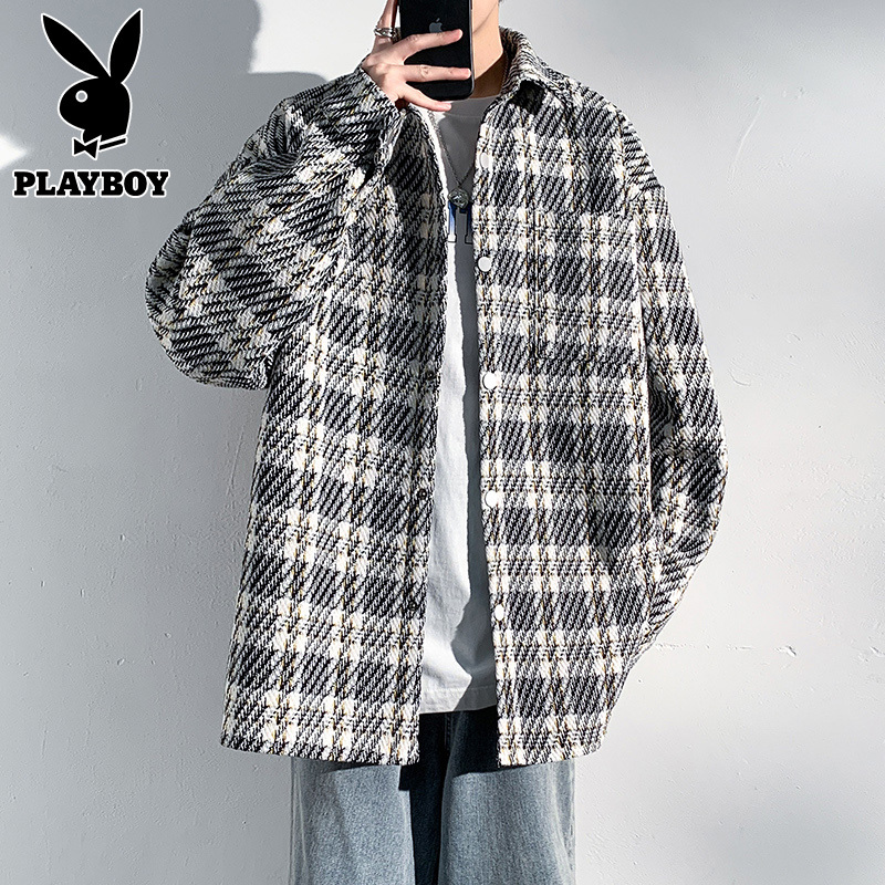 花花公子时尚小香风格子夹克男士春秋季新款休闲翻领宽松男款外套