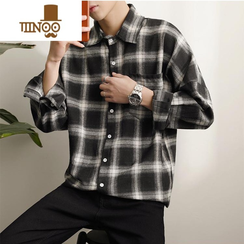 YANXU2023新款复古美式港风红黑白色格子衬衫男宽松长袖外套大码薄款潮高清大图