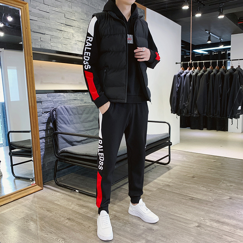 SUNTEK港风炸街三件套马甲一整套装卫衣服男装初春季潮流痞帅气搭配外套卫衣