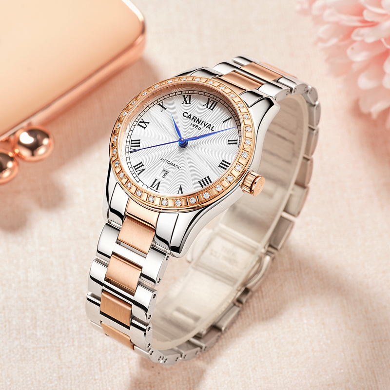 瑞士嘉年华Carnival手表正品女士全自动机械表 女表防水罗马新款镶钻简约时尚日历腕表潮流韩版女表8051 玫金白面