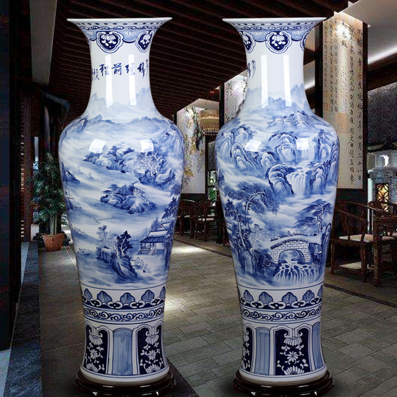 景德镇陶瓷大花瓶手绘青花山水开业乔迁新房客厅酒店落地装饰摆件 三维工匠 青花山水1米高清大图