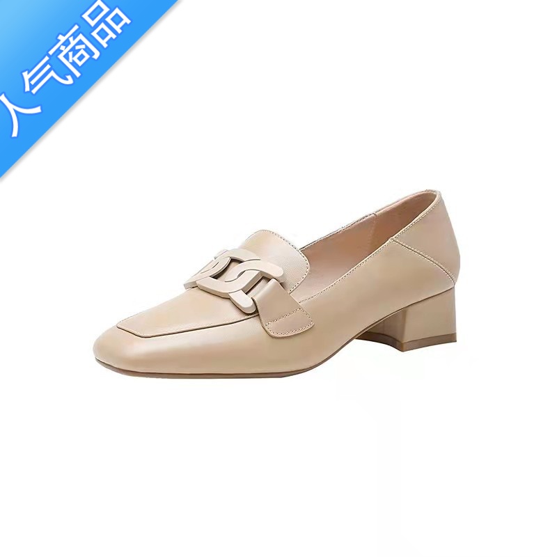 SUNTEK2023夏季新款休闲乐福鞋女一脚蹬英伦风金属扣方头小皮鞋中跟单鞋高清大图