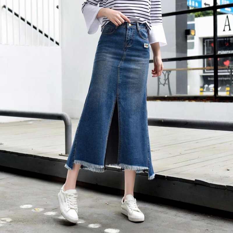 牛仔半身裙女2018春夏新款韩版学生高腰不规则中长款开叉一步裙子牛仔