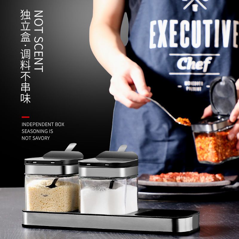 北欧玻璃调味罐单个装(送勺子) 304不锈钢调味罐套装罐子瓶味精盐罐料收纳家用厨房调料盒组合装