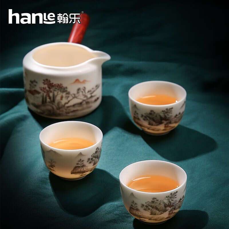 翰乐茶具极白羊脂玉瓷侧把壶轻奢礼盒套装HL-SSYJ羊脂玉山水雅居12件套高清大图