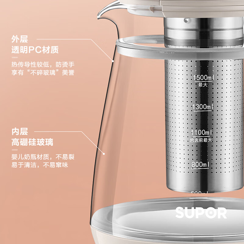 苏泊尔 SW-15Y03 电水壶 1.5升双层防烫炖煮双全高硼硅玻璃养生茶壶 316L不锈钢高清大图