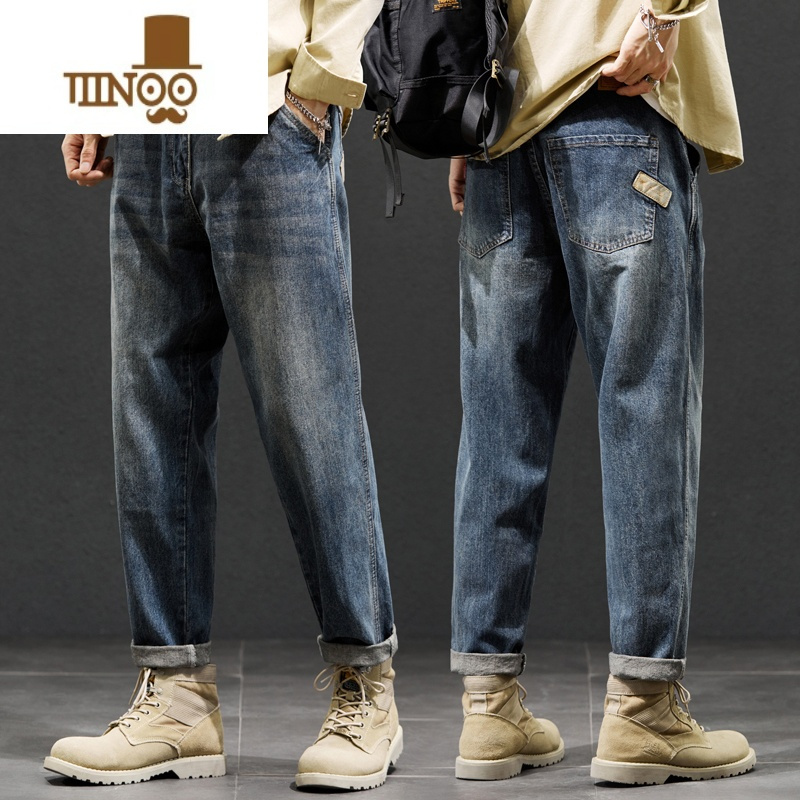 yanxu秋季牛仔裤男士宽松直筒工装大码2023潮牌男装九分休闲长裤子