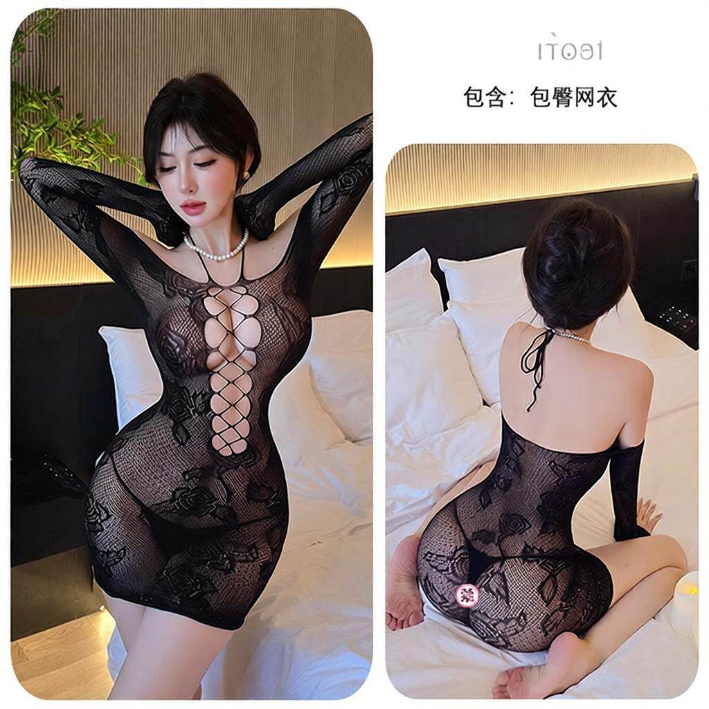 长夜漫漫情趣内衣女挂脖露背激情免脱网衣性感长袖镂空包臀裙5382 黑色 精装(80-140斤)