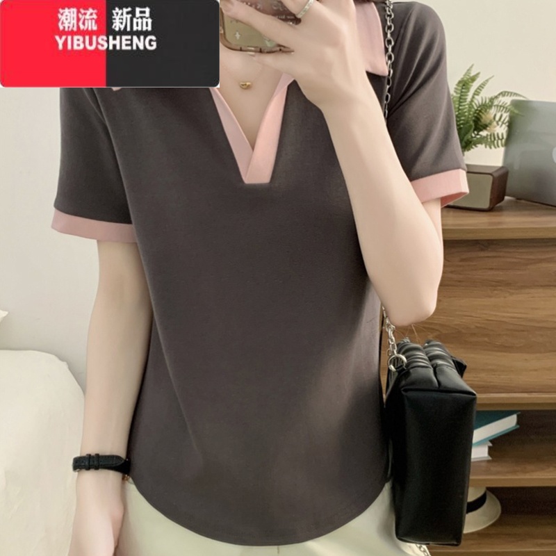YIBUSHENG大码胖MM女装撞色v领短袖T恤女2024新款设计感美式复古正肩上衣高清大图