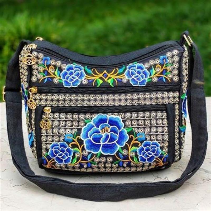 云南民族风包包绣花女士单肩包全面刺绣斜挎包帆布包蓝色杨梅花