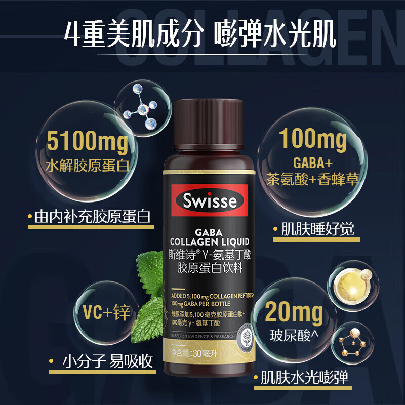 Swisse斯维诗晚安瓶GABA水光瓶 30ml*10瓶 莓果味 氨基丁酸胶原蛋白饮料 口服玻尿酸 小Q瓶高清大图