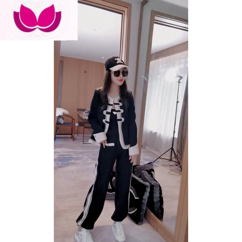 七斓小香风时尚套装女2023年新款显瘦短外套气质阔腿裤套潮 黑色 XXL建议120-135斤