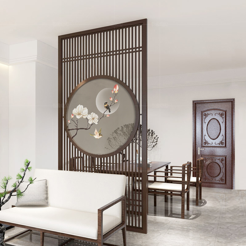 定制中式实木屏风隔断墙客厅入户玄关办公室酒店茶室落地栅栏座屏 240X120胡桃木高清大图