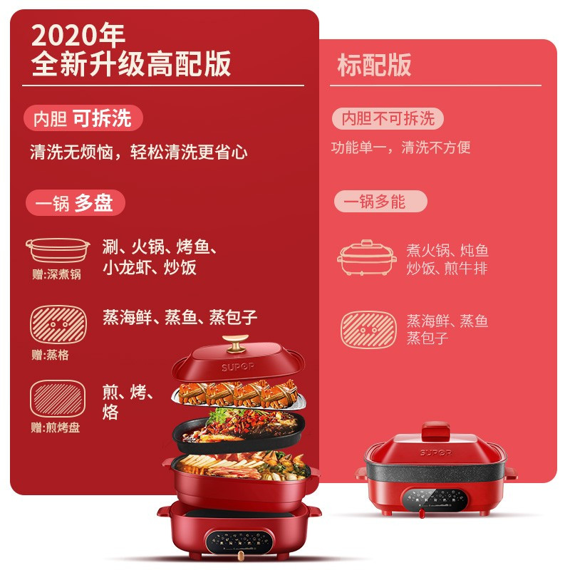 苏泊尔(SUPOR)多功能锅料理锅家用4.5L电火锅蒸煮炒煎烧烤锅分体可拆洗JD3322D812H