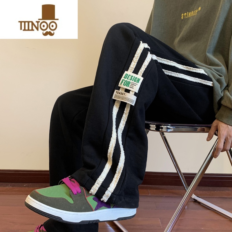 YANXU美式条纹休闲裤男秋季运动裤潮牌vibe高街百搭宽松直动X条闲 2XL 黑色