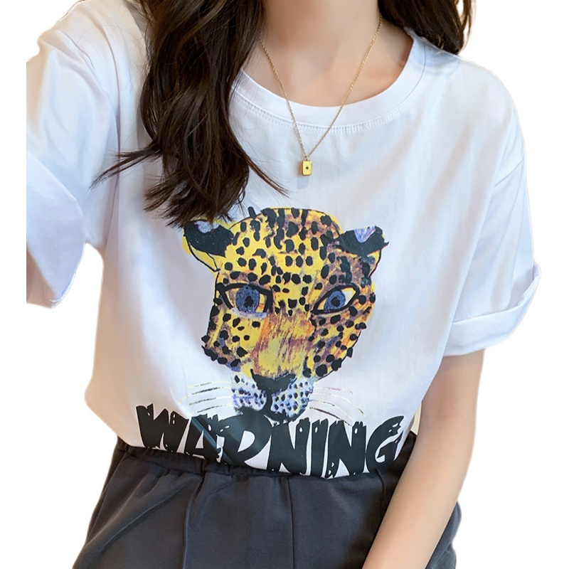 小样传奇新款豹子印花短袖t恤女宽松百搭学生圆领半袖夏季纯棉上衣服