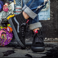 正品VANS经典红标黑武士SK8-HI翻毛皮男女高帮帆布滑板鞋
