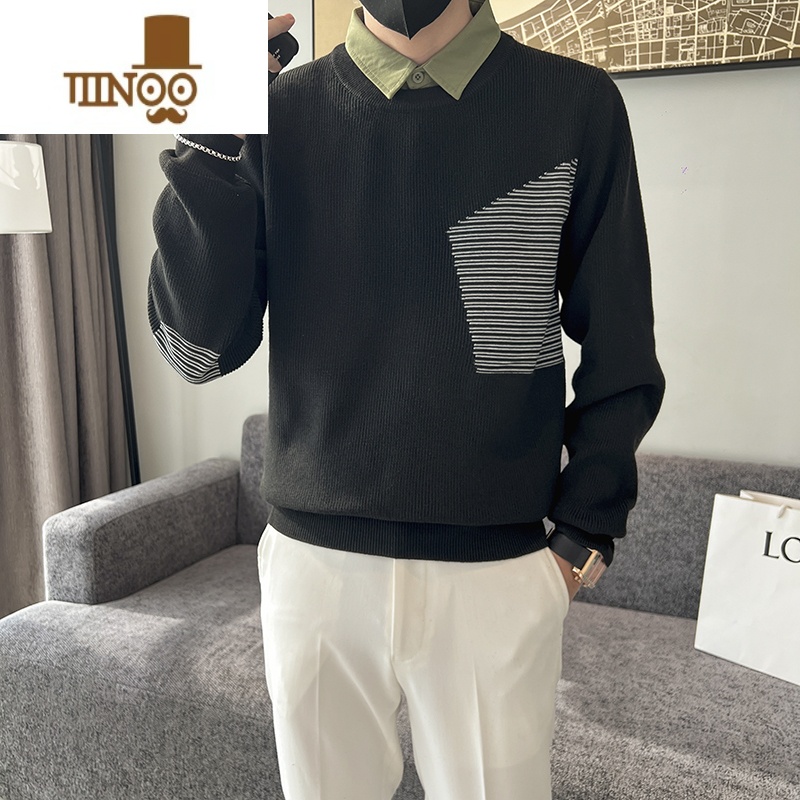 YANXU慵懒风假毛衣男士衬衫领网红设计感小众潮牌外穿针织衫高清大图