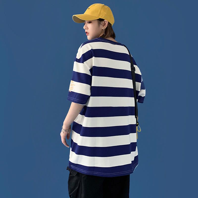 真维斯纯棉条纹短袖女2022新款港风宽松圆领上衣打底衫百搭潮流图片