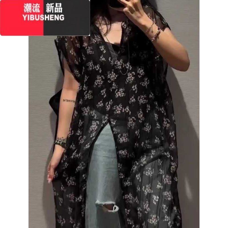 YIBUSHENG韩版复古中长款连衣裙女防晒宽松百搭开叉碎花裙季洋气别致上衣图片