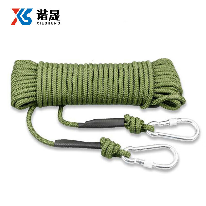 谐晟 军绿色火灾逃生绳防汛救援绳索安全绳钢丝绳芯消防绳 8mm 20米双钩 1根