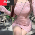 YIBUSHENG辣妹一字肩连衣裙女胖MM大码春季气质内搭修身显瘦长袖蕾丝包臀显 2XL125-150斤 粉色