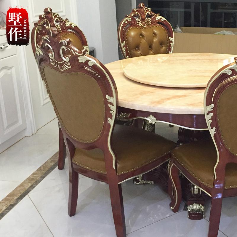 欧式大理石圆形餐桌美式实木花餐椅吃饭桌新古典餐桌椅组合 餐椅一桌六椅支架结构