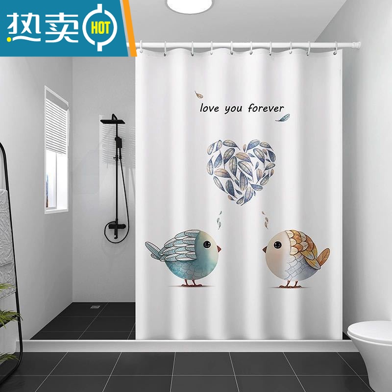 敬平磁性浴帘杆套装免打孔防水布卫生间隔断帘浴室干湿分离挡水条 爱情鸟加厚防水 墙宽100cm磁挡水条+磁帘+伸缩杆