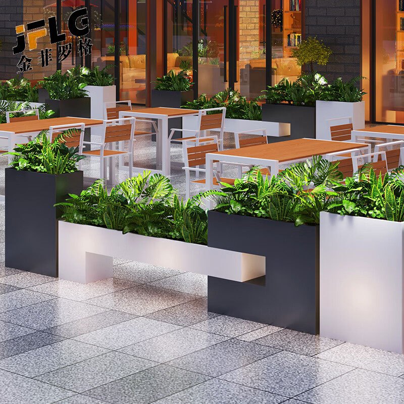 苏宁 金菲罗格 办公家具 户外镀锌板花箱防腐木坐凳座椅组合 花箱座椅390-430CM组合高清大图