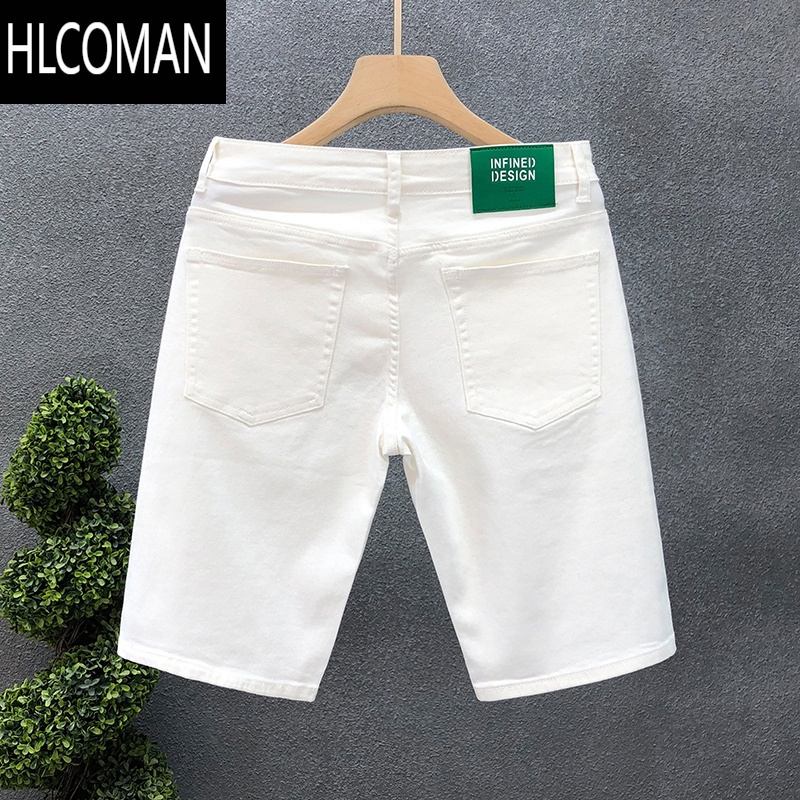 HLCOMAN时尚高端白色牛仔短裤男潮牌痞帅简约纯色修身裤子男士夏季五分裤