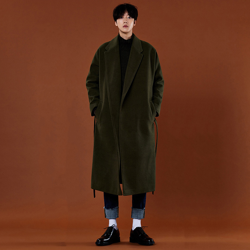 YUANSU秋冬装长款毛呢大衣男韩版宽松日系过膝风衣外套加厚保暖呢子大衣风衣