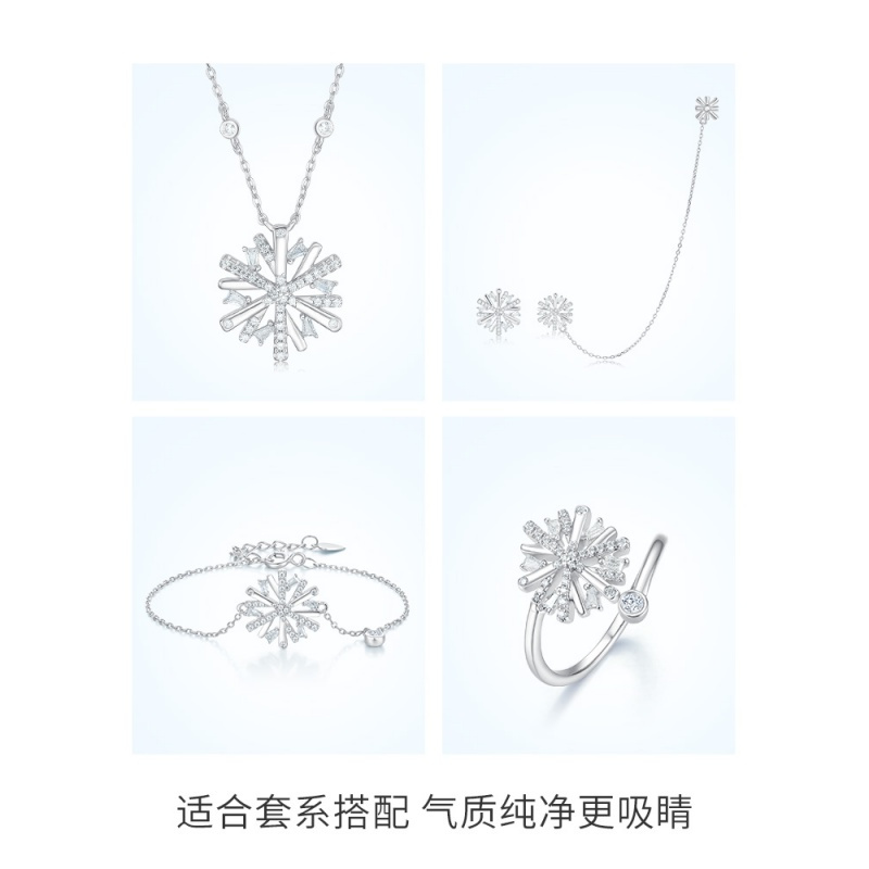 周大生雪花耳钉女不对称耳环小众链条耳骨夹S925纯银耳饰生日