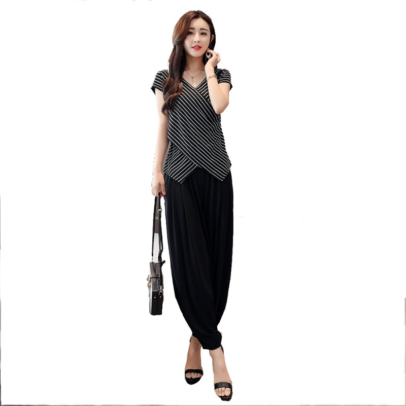 萝卜裤套装夏装女士新品女俏皮韩版网红显瘦条纹上衣九分裤两件套