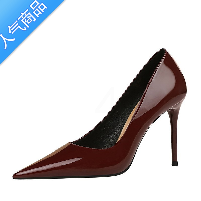 SUNTEK酒红色高跟鞋细跟尖头性感床上裸色漆皮职业工作女单鞋大码41-43高清大图