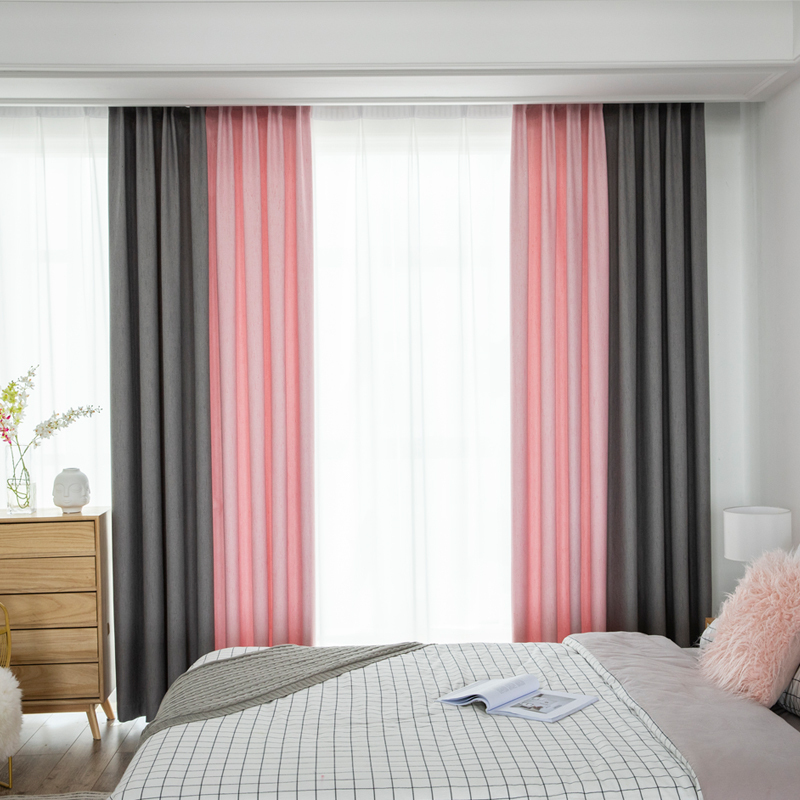 美帮汇现代简约北欧纯色遮光定制窗帘布隔热拼接落地窗飘窗客厅卧室定制 灰+粉(拼接款) 1米宽挂钩(宽几米买几件)