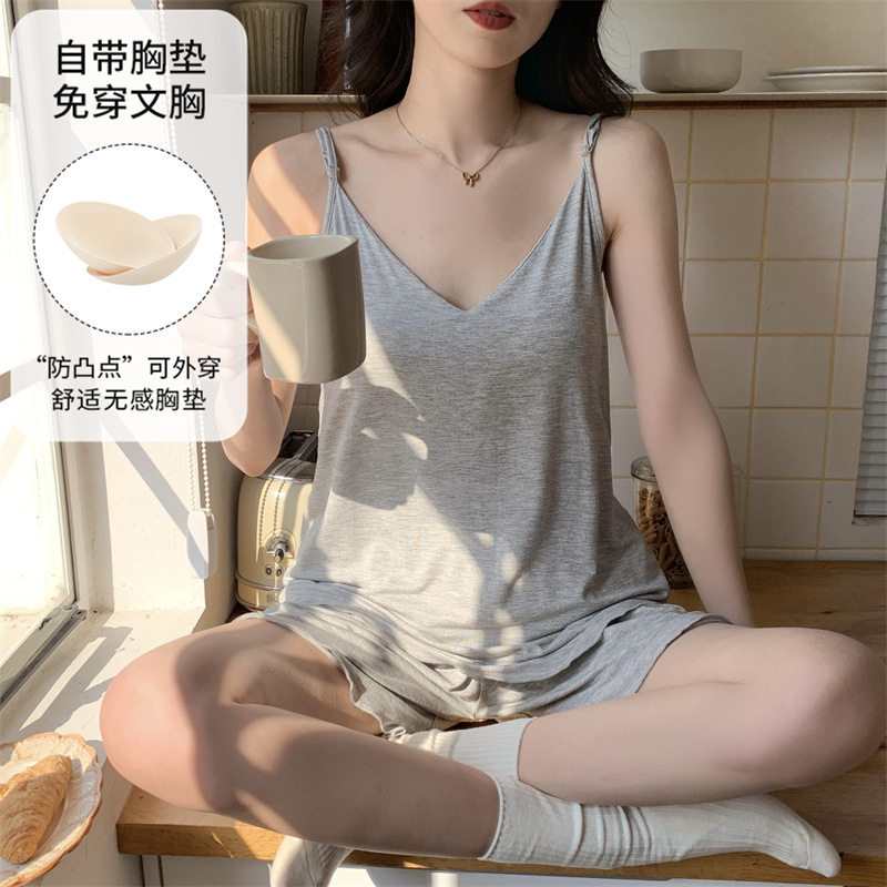 甜美卡通V领睡衣女款夏季新款吊带短裤带胸垫纯欲家居服夏
