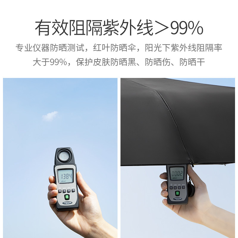 红叶（Hong Ye）遮阳伞三折防晒伞upf50+晴雨两用黑胶防紫外线太阳伞女小黑伞2626高清大图