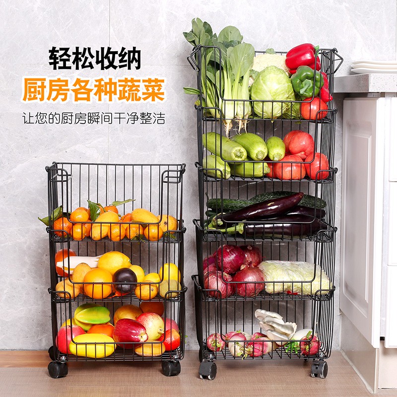 厨房置物架落地多层收纳架菜篮子带轮铁艺多功能家用蔬菜收纳筐收纳层架 三维工匠高清大图