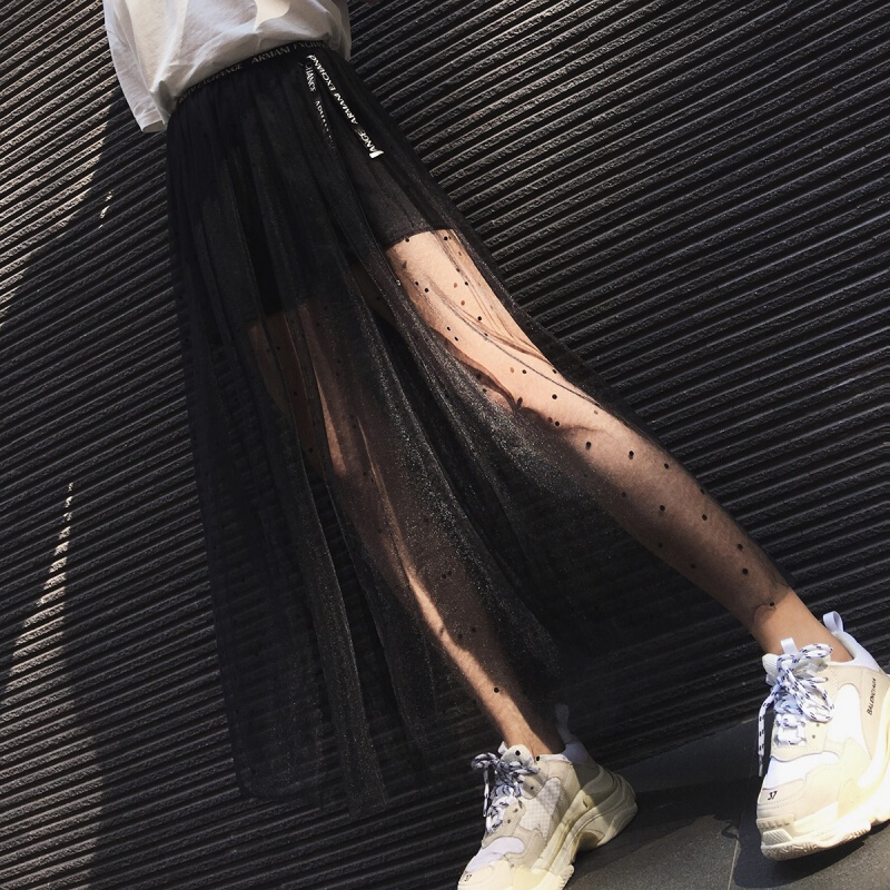 春夏女时尚休闲高腰黑色小波点透明中长款网纱半身裙一层纱裙透明黑色