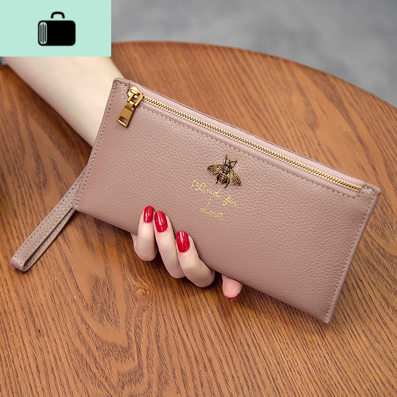 韩版长款女士钱多功能皮夹头层牛皮简约拉链手拿包钱夹超薄NEW LAKE 豆沙色