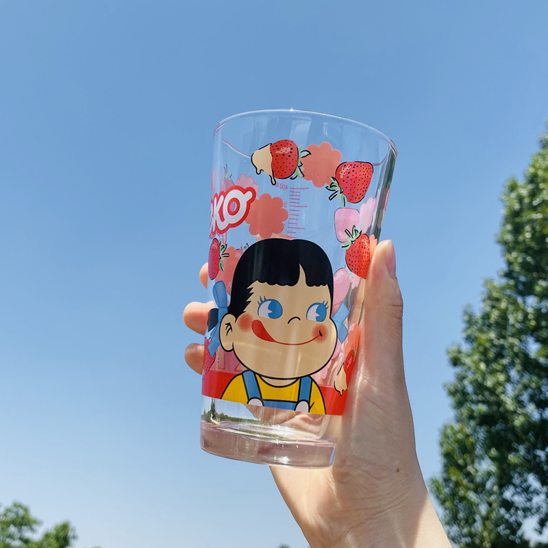 不二家牛奶妹吸管玻璃刻度杯草莓少女心可爱水杯牛奶饮料果汁杯子
