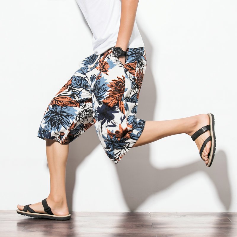 潮男花裤子加肥大号码休闲裤直筒阔腿裤夏天碎花纹七分裤半截中裤