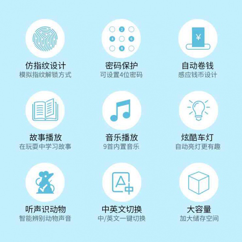 大容量运钞车储蓄储钱罐指纹智能音乐密码箱不可取创意礼品 三维工 [电池款]指纹密码★兰色★萌萌猫★手提音乐灯光★自储蓄罐高清大图