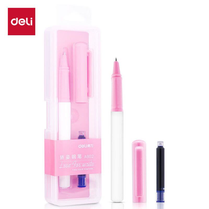 得力(deli)EF暗尖优尚矫姿钢笔 正姿笔 签字笔学生练字套装浅粉杆 可擦纯蓝墨囊 A902 生日礼物图片