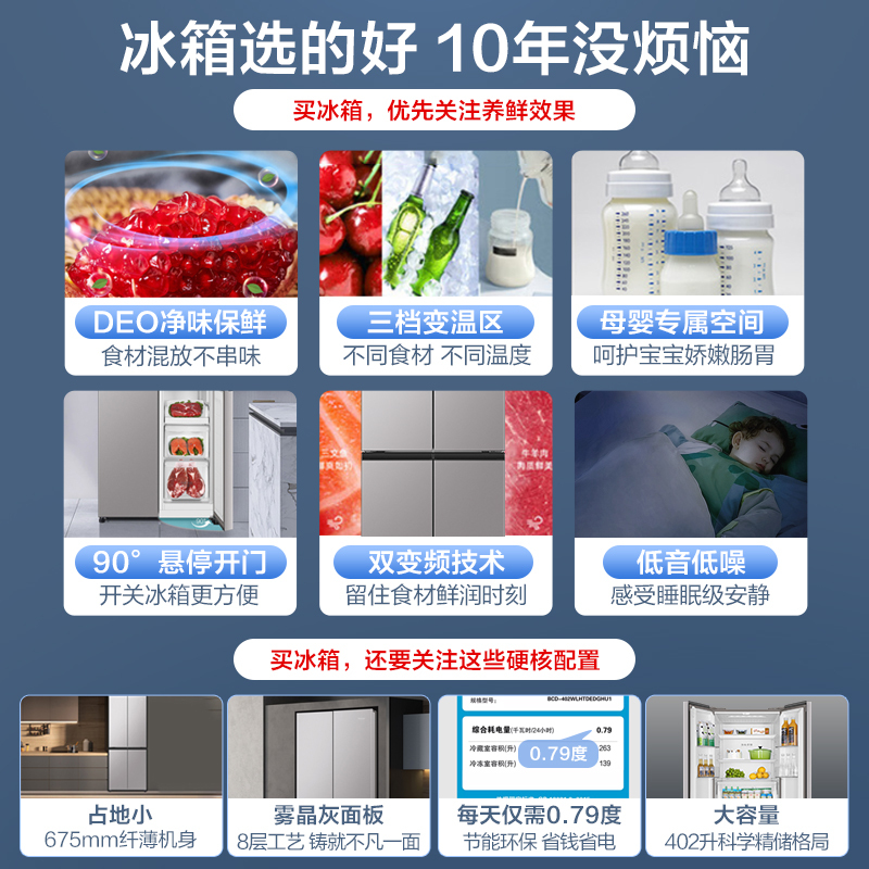 [23年新款]海尔冰箱家用402升大容量十字对开门风冷无霜双变频DEO净味灰色面板百搭手机智控纤薄机身